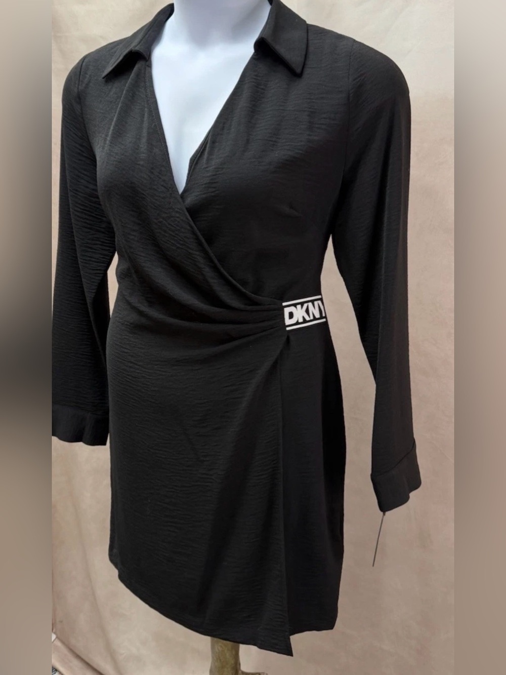 NWT DKNY Black Collared Faux Wrap Dress w/Logo Size 10
